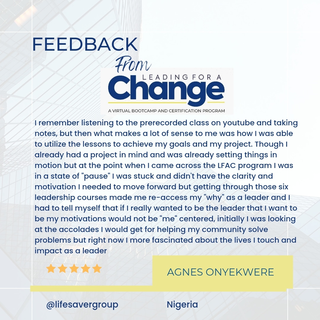 Feedback from our Leading For A Change leadership Certificate course. It free. Link in my bio

#freeonlinecourse #freeleadershipcourse #nonprofitinnigeria
