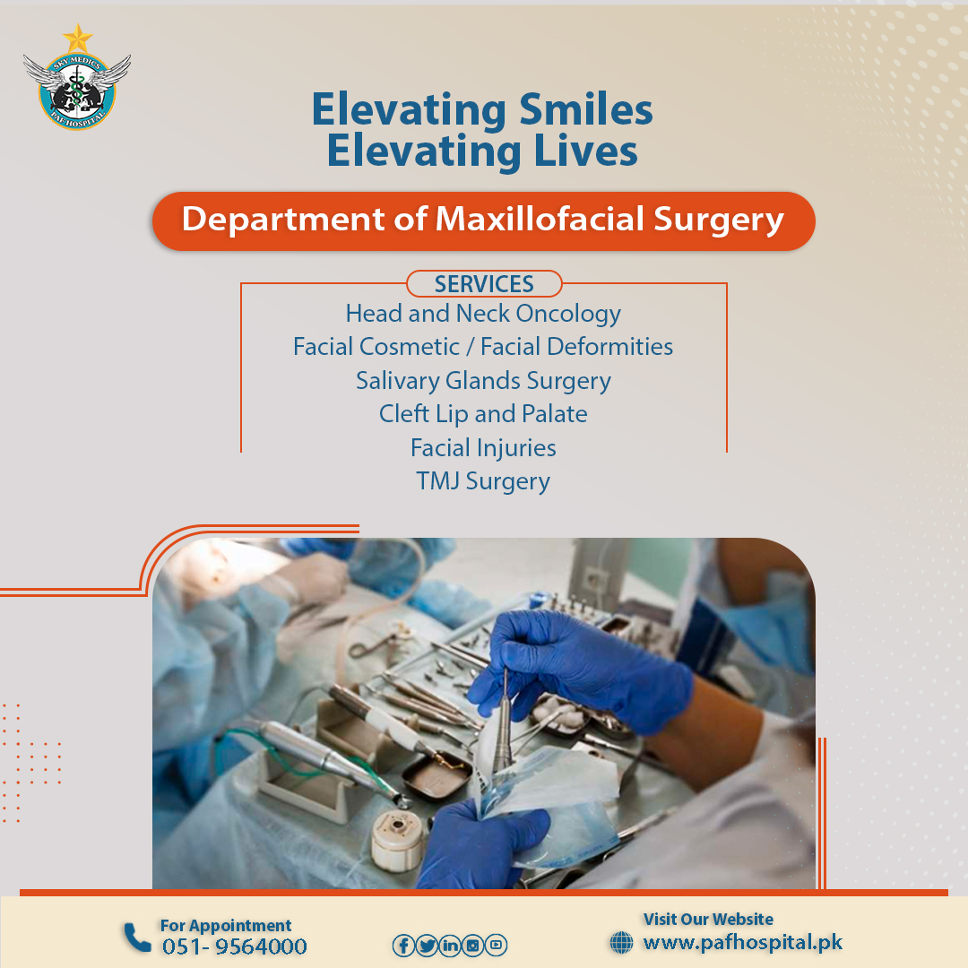 PAF_Hospital's tweet image. Experience the best Maxillofacial Surgery at PAF Hospital Islamabad. Our skilled surgeons provide compassionate care, restoring smiles and changing lives. (051)9564000 or pafhospital.pk. #MaxillofacialSurgery #TransformationExperts #PAFHospital #ExpertSurgeons