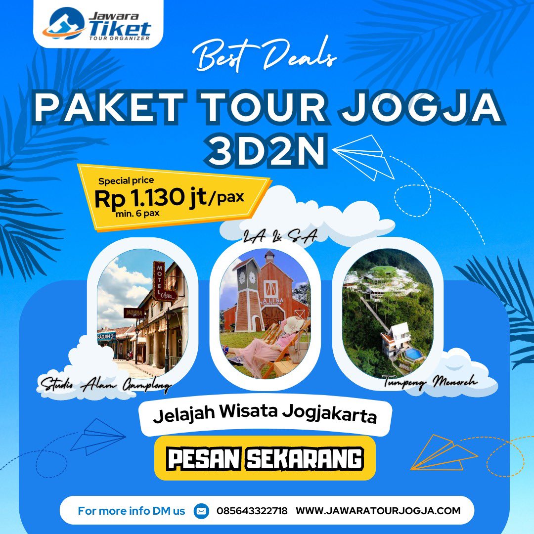 Paket wisata Jogja 3D2N mengunjungi destinasi wisata baru di jogja yang lagi hits. Simak detailnya disini
 #paketwisatajogja #pakettourjogja #infowisatajogja #sewamobiljogja 
.

jawaratourjogja.com/product/paket-…