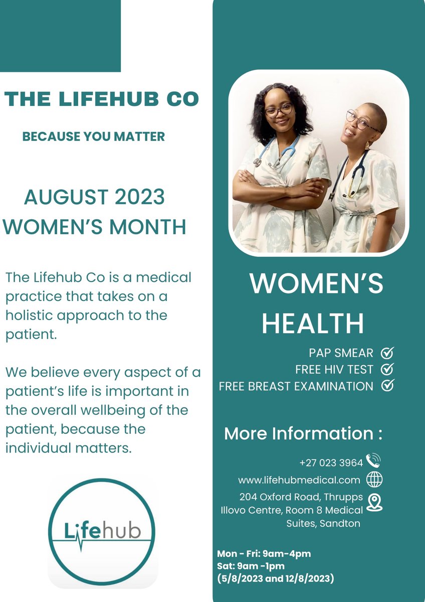 Boitumelo_Pitse's tweet photo. This Women’s month, The Lifehub Co’s medical team is offering Pap Smears accompanied with free HIV tests and free breast examinations.
Our doctors will be teaching every woman that comes to The Lifehub how to perform a self breast examination.
Contact us https://t.co/GPO0F3lcQK
