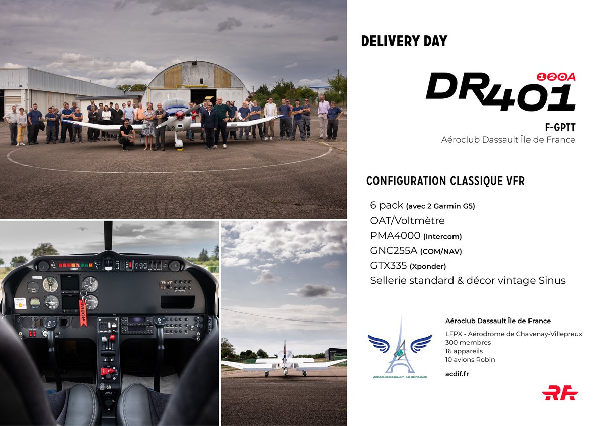 RobinAircraft's tweet photo. Delivery Day - 21 juillet 2023
Les ateliers Robin Aircraft ont accueilli l'Aéroclub Dassault Ile-de-France pour la livraison de leur nouveau DR401-120A. Un grand merci à cet aéroclub pour leur confiance !
Bons vols au F-GPTT
#robinaircraft #dr401 #madeinfrance #dr400 #aviation https://t.co/V0dqEdh4ZX