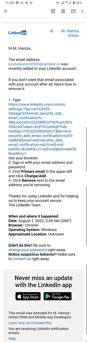 Mhamza91095210's tweet photo. @LinkedIn @LinkedInHelp
I have not added any email address in my linkedin account. Someone changed my email address. this is my account link

https://t.co/lZnqw8R890

This mail was received in the morning. https://t.co/MbzUDNDeBA