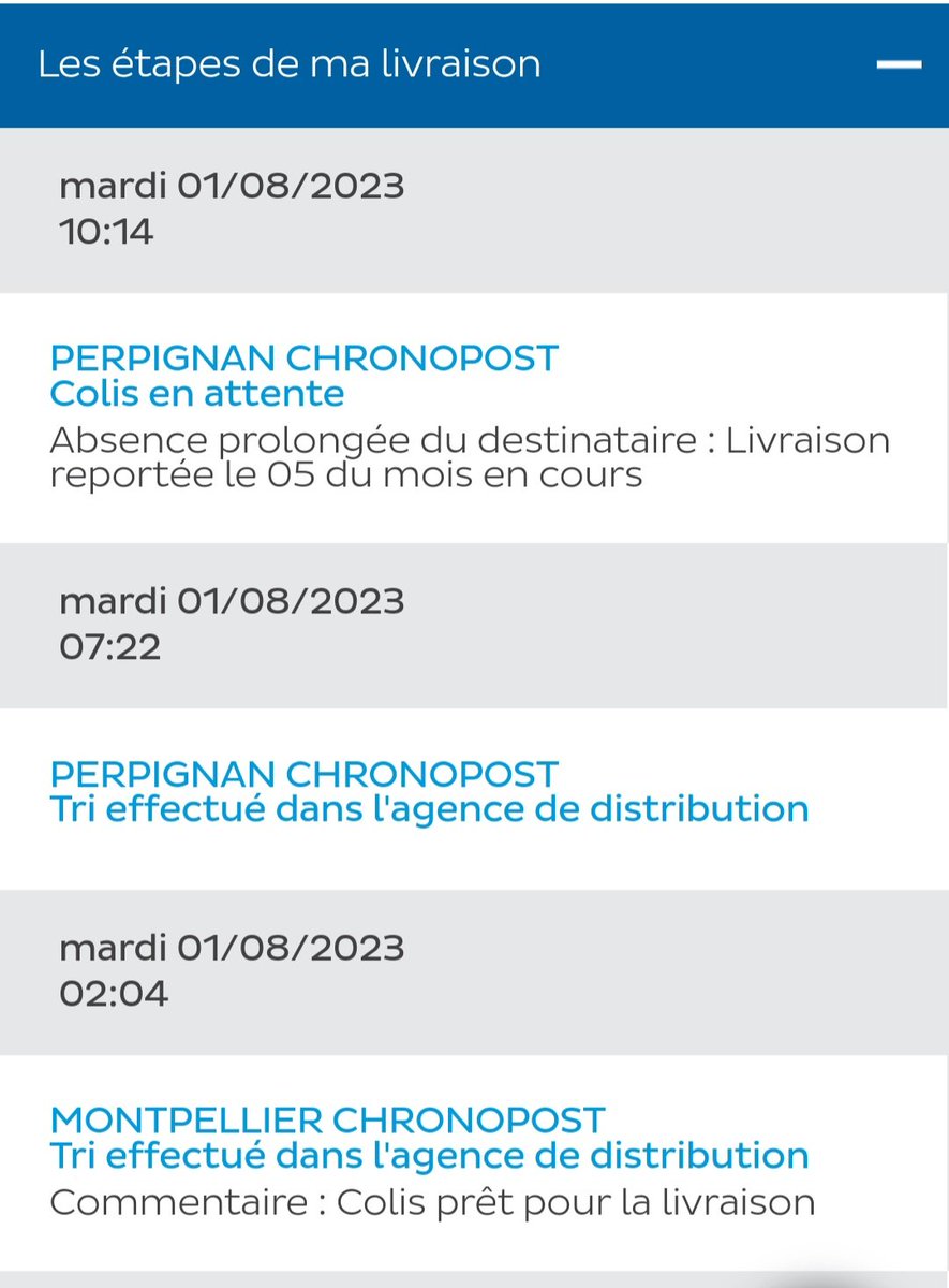 fthomas76890's tweet photo. Eh @ChronopostSAV, votre bot Léonard étant incapable de me répondre. Pouvez-vous m'expliquer le report de la livraison de mon colis pour motif "absence prolongée du destinataire..."  alors que la livraison est prévu dans un point relais ouvert 7/7j ??? https://t.co/MRH30TGPD1