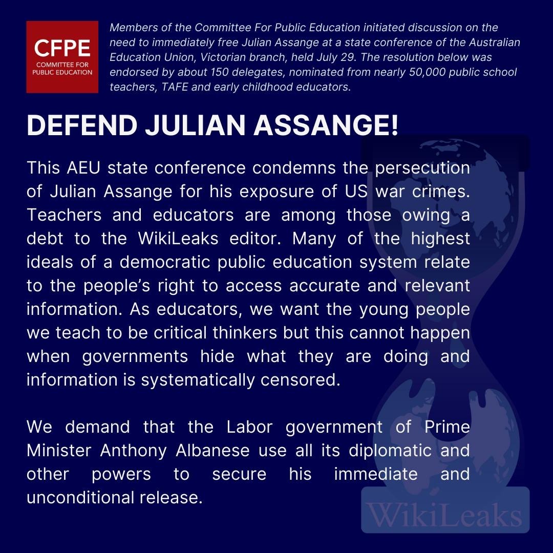 CFPE_Australia's tweet photo. We encourage all supporters of @wikileaks editor Julian Assange to circulate this resolution widely. #FreeAssange https://t.co/JM5kcry8bS