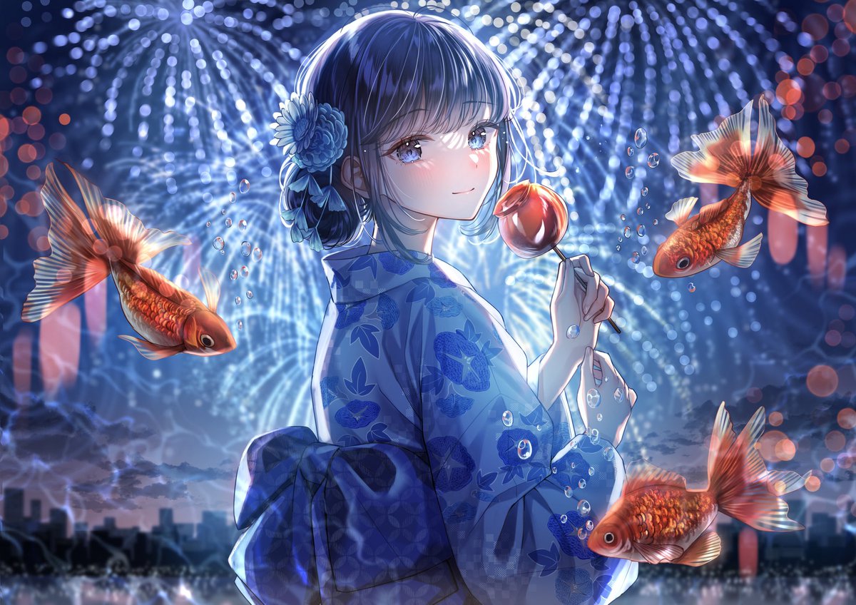 1girl japanese clothes kimono food candy apple fireworks fish  illustration images