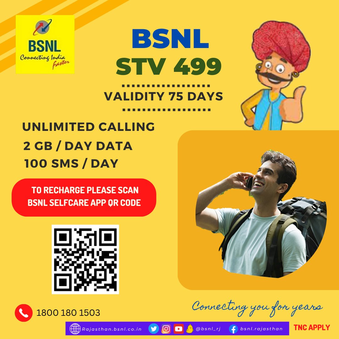 BSNL_RJ's tweet photo. Recharge with #STV499 and get unlimited calling, 2GB data, 100 SMS per day & much more for 75 days. #RechargeNow with #BSNLSelfCareAppDownload the app now. Google Play: https://t.co/8d2WJC7qd0: https://t.co/zhMqlm62Sa #BSNLRJ_Mobile https://t.co/Jv717KIPAo
