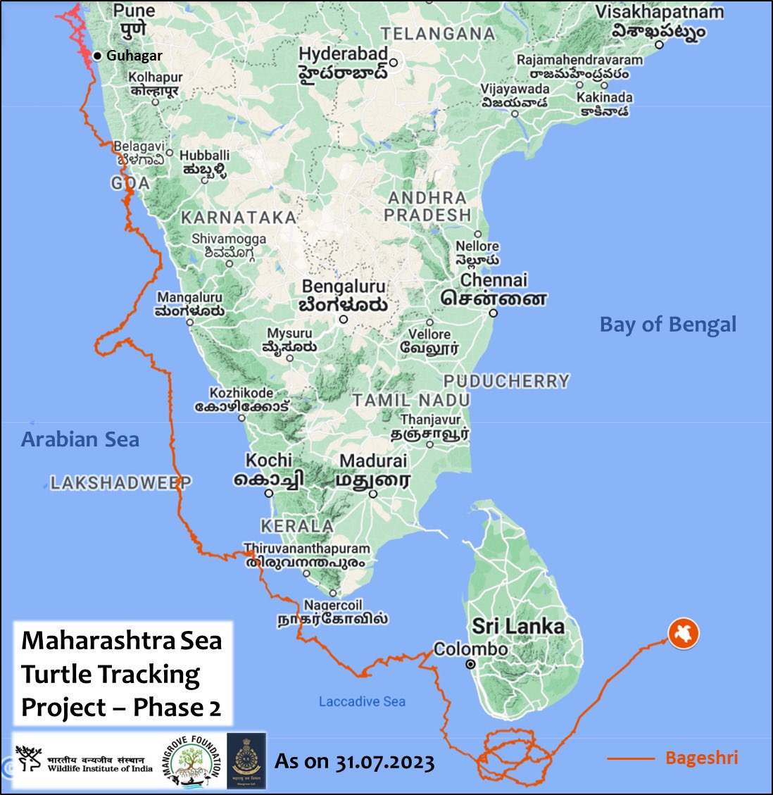 MangroveForest's tweet photo. SEA TURTLE TAGGING PROGRAMM PHASE II UPDATE 

Having completed two orbits off the southern coast of Sri Lanka, Bageshri has headed off east and is now 200 km off the eastern coastal city of Kalmunai in Srilanka.

https://t.co/eOVHPFXN6k
@anitapatil_ifs @sureshwii @AdarshReddyIFS https://t.co/0KuujiOGJH