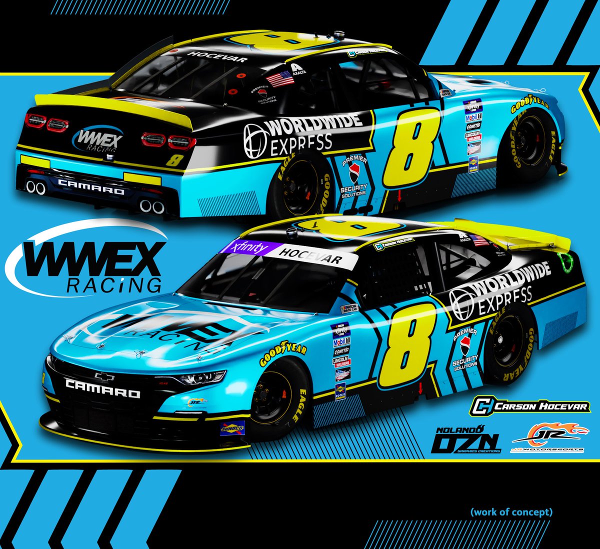 LNolanCreative's tweet photo. Looking Brand New In Black, Yellow and Blue [CONCEPT]
—————————————————
@CarsonHocevar @JRMotorsports @WWEXRacing @DaleJr 
—————————————————
#NASCAR75 #NASCAR #paintscheme #concept #simracing #heylefty #GraphicDesign https://t.co/5n7kTiHMAD