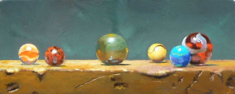 To me, the distressed board was at least as interesting as the marbles.

For   your enjoyment, this is my painting 'Forum No. 10' from 2012, oil   on panel, 2x5 inches / 5x12 cm (sold).

#contemporarystilllife