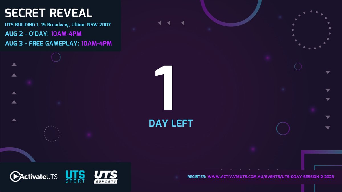 Join us tomorrow on UTS O'Day for an exclusive look into our new facility that will become the ultimate home for our members.

When: August 2nd and 3rd
Time: 10am-4pm
Where: UTS Building 1, 15 Broadway, Ultimo NSW 2007  #UTSEsports #NewHomeReveal #TopSecret