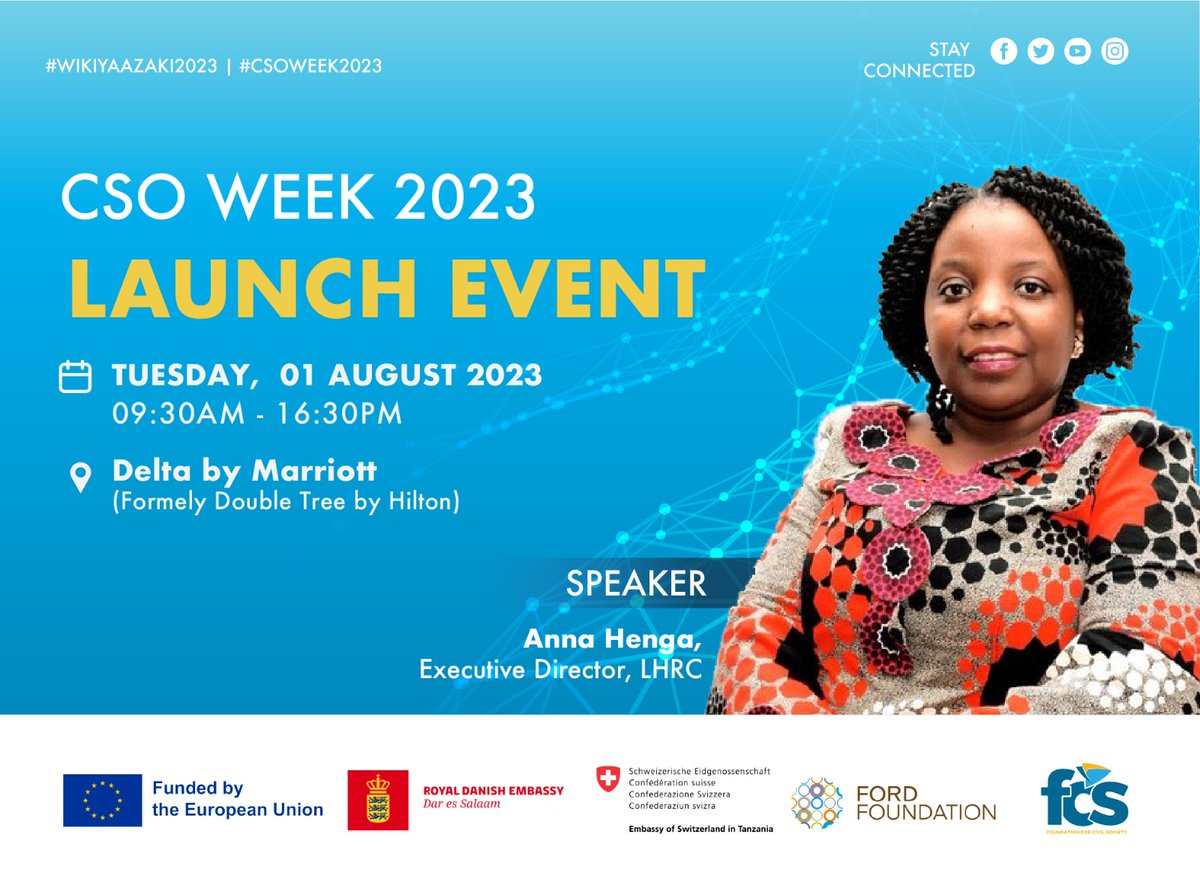 Mkurugenzi Mtendaji wa shirika la <a href="/humanrightstz/">LHRC</a> 
Ndugu <a href="/HengaAnna/">Anna Henga (Advocate)</a> ni mmoja wa Wazungumzaji kwenye uzinduzi wa #WikiYaAzaki2023
#CSOWeek2023
Link ya kujiunga ni: thefoundation-or-tz.zoom.us/j/88553191908?…