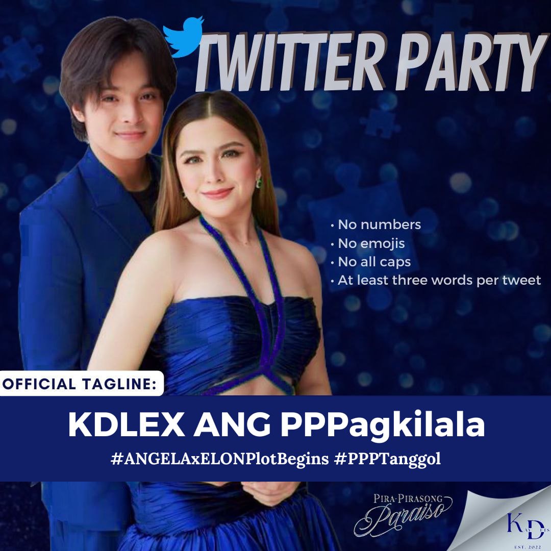 Kaydetsofc's tweet photo. [TWITTER PARTY]

Join us with the today's twitter party.
Ano nga ba ang pakay ni Angela kay Elon? 

Reminders:      
• Fresh tweets
• No numbers, emojis, all caps     
• At least three words per tweet          

KDLEX ANG PPPagkilala
#ANGELAxELONPlotBegins https://t.co/p2AAs27gGk