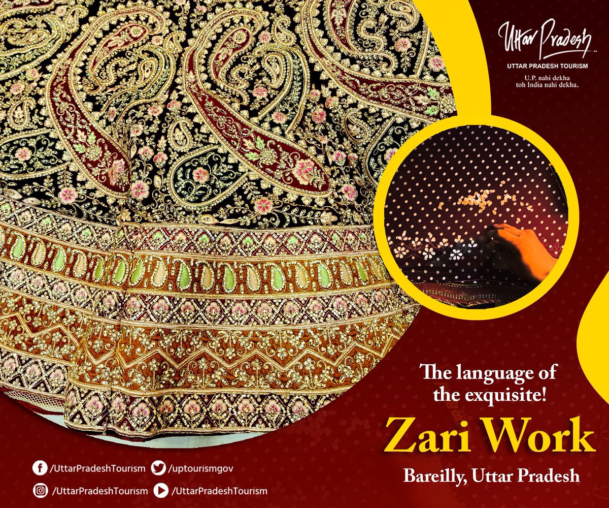 uptourismgov's tweet photo. Besides '#jhumkas', #Bareilly is also famous for its exquisite art, #zari work. It adds a dash of sparkle and aesthetic to the fabrics, making them glow in a totally different way, exhibiting shades of beauty!

#ZariWork #UttarPradesh #uttarpradeshtourism #ODOP
@MukeshMeshram https://t.co/BJtZ97t5u4
