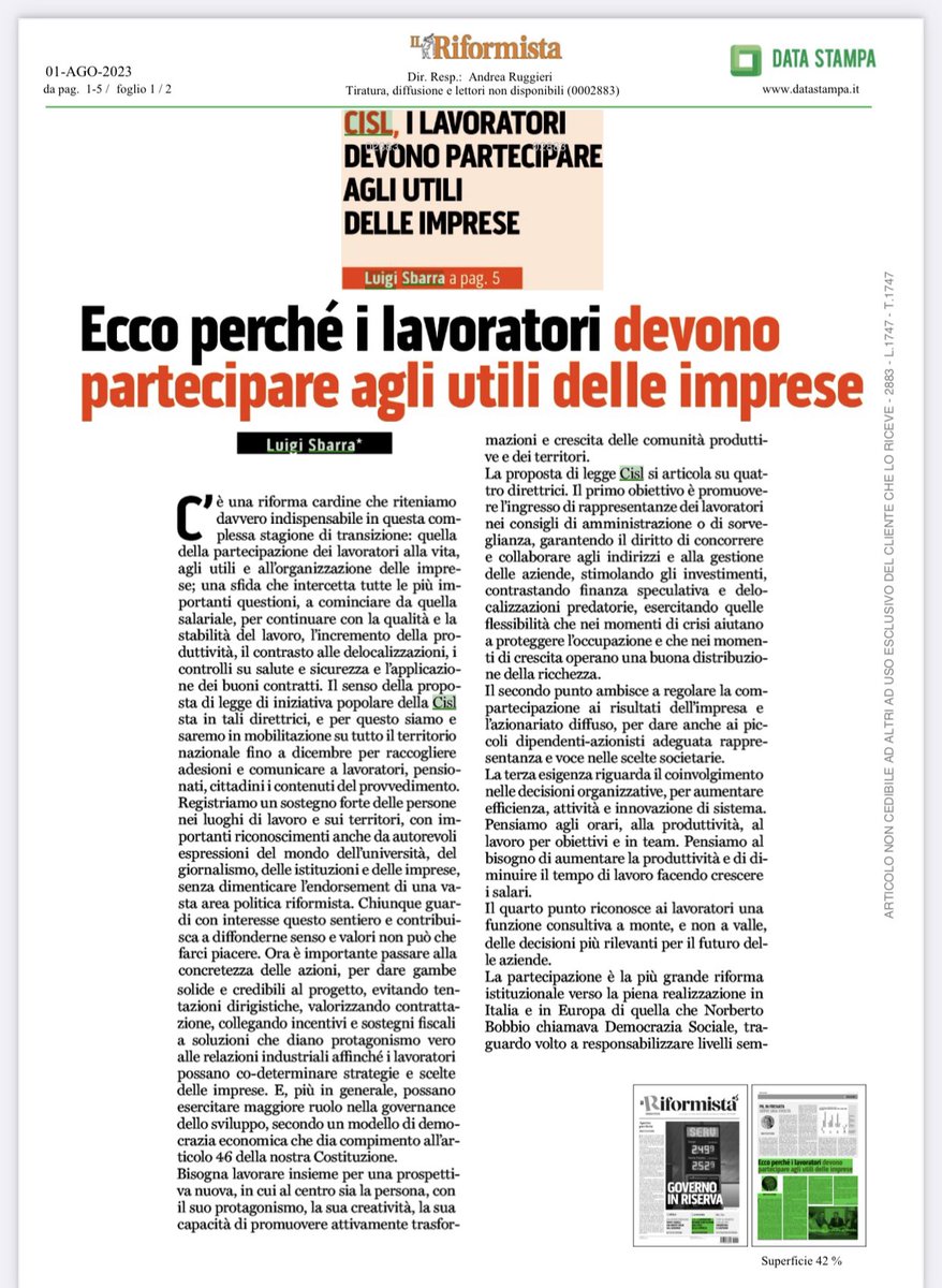 CislNazionale's tweet photo. “Lavoriamo insieme per una prospettiva nuova in cui al centro sia la persona, con il suo protagonismo, la sua creatività, la sua capacità di promuovere trasformazioni e crescita delle comunità produttive e dei territori”: #LuigiSbarra su Il Riformista #1agosto
#unpostoaltavolo https://t.co/ygcIZGGg2e