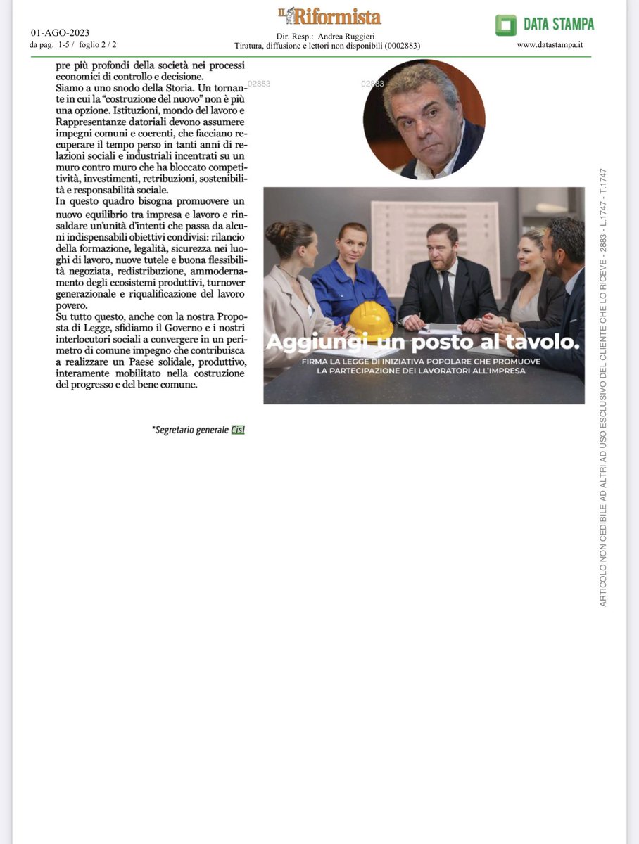 CislNazionale's tweet photo. “Lavoriamo insieme per una prospettiva nuova in cui al centro sia la persona, con il suo protagonismo, la sua creatività, la sua capacità di promuovere trasformazioni e crescita delle comunità produttive e dei territori”: #LuigiSbarra su Il Riformista #1agosto
#unpostoaltavolo https://t.co/ygcIZGGg2e