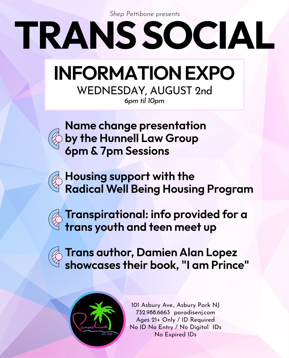 paradiseclubnj's tweet photo. Trans Social - Weds, August 2nd 🏳️‍⚧️
Information Expo - 6pm til 10pm 

#paradisenj #lgbtq #transsocial #asburypark #asburyparknj #transgender #transgenderpride #transwoman #transman #transisbeautiful #trans https://t.co/lMo5hBXPKv