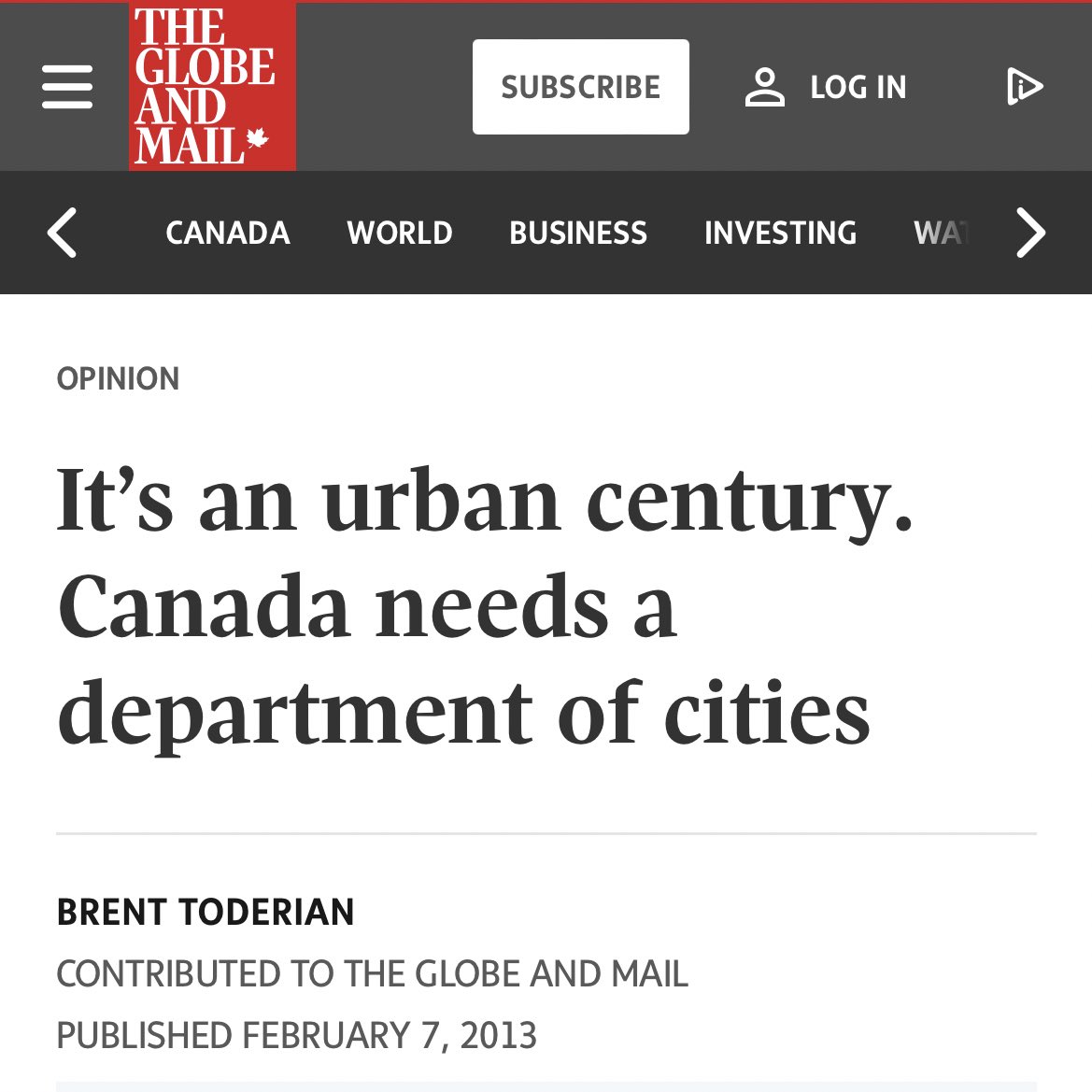 BrentToderian's tweet photo. “It's the urban century, and our cities and city-regions face big challenges. They're far too important to our country's future to be under-considered by our country's government.”

I wrote this over 10 years ago. Canada still needs a “Ministry of Cities.”
https://t.co/laboECQQeQ https://t.co/jgYciGNiCB