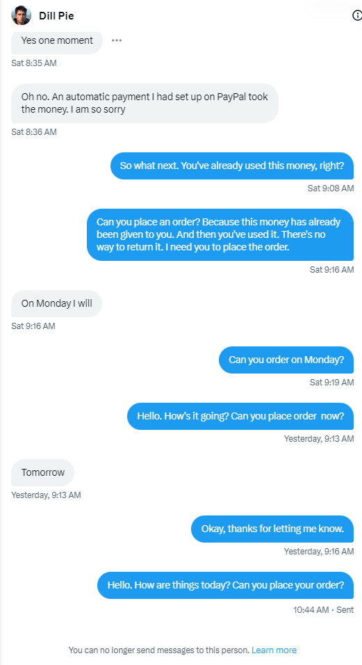 scammer：dylanpierce65@gmail.com
 Twitter id:<a href="/dill_pie/">Dill Pie</a>
be careful.and post on all website.