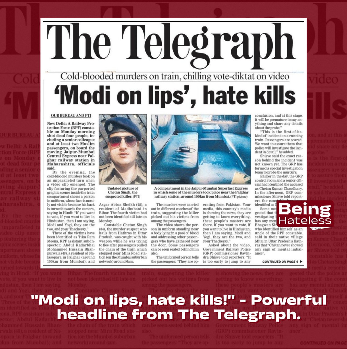🗞️ "Modi on lips, hate kills!" - Powerful headline from The Telegraph. A stark reminder of the impact of hate in our society. Let's stand united against hate and promote empathy and understanding. #NoHate #BeingHateless #UnityInDiversity 🌍🕊️