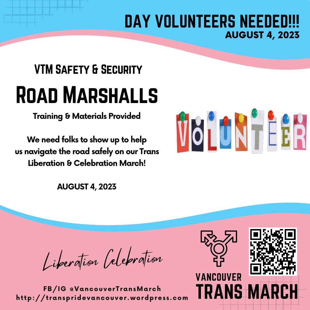 VanTransMarch's tweet photo. More Traffic Marshal Volunteers are STILL NEEDED!

As a Traffic Marshal you will be keeping vehicles halted and keeping our marchers on track
If you are able, please apply!

Apply here: https://t.co/JmyOIxplDt

Thank you for your help!

Happy Pride! ❤🌈 https://t.co/lI0IpBofAz