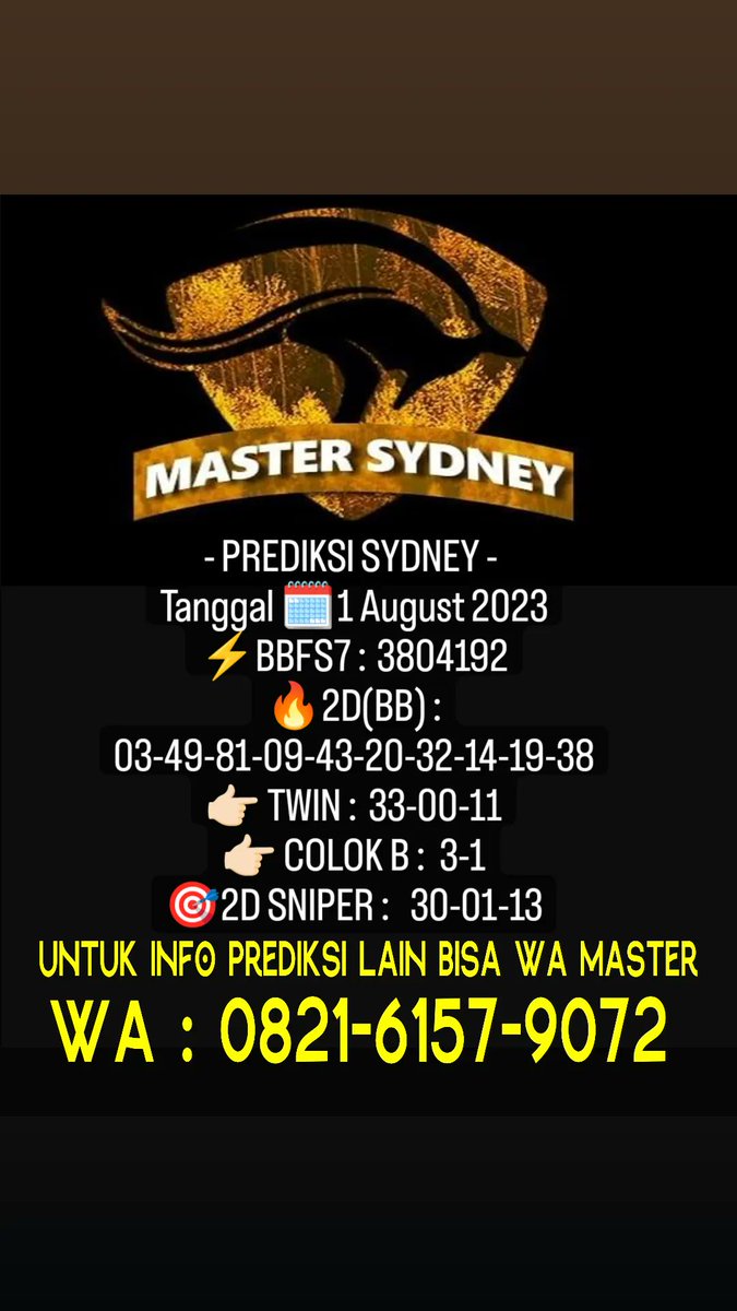 Mastersydney3's tweet photo. Prediksi Sydney , 1 Agustus 2023
Ready Prediksi Setiap Hari Rutin
#prediksisydney #sydneyhariini #bocoransydney #angkasydney #sydneyjp 
#infosydney #angkajitusydney #togelsydney #sdyhariini #angkasdy #prediksisdy https://t.co/gqIlOZr9Pv