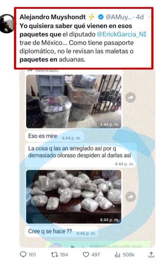 AnonimoSV503's tweet photo. En pocas palabras el diputado @ErickGarcia_NI no tiene nada que ver con las acusaciones de droga.
Alejandro Muyshondt publicó las capturas y sale el numero de un tal Anubis y no del diputado.
Todo se reveló por un mensaje de voz de la diputada suplente, Nidia Turcios, quién le divulgó el “Modus operandi” del narcotraficante “Anu” o “anubis”.