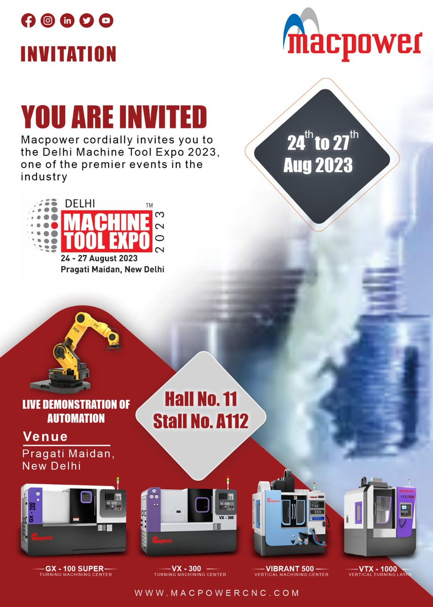 Macpower_CNC's tweet photo. 🚀 Macpower CNC Machines LTD at Delhi Machine Tool Expo 🛠️

🗓️ Event Dates:  24th To 27th August 2023

🏢 Venue: Pragati Maidan, New Delhi

📍 Find us at Booth No. [Hall No: 11 Stall No : A112] https://t.co/5KQSj38ISU