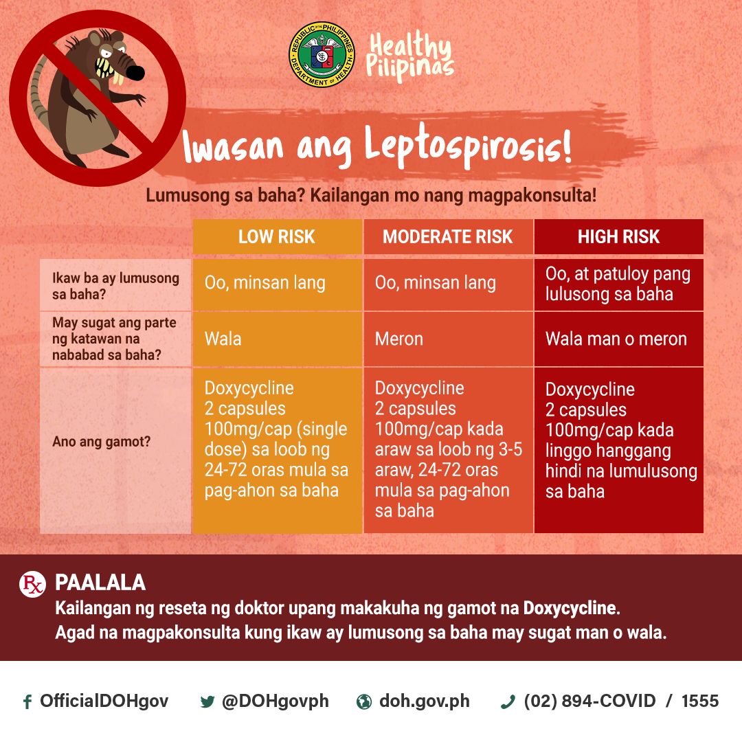Lumusong ka ba sa baha? 

If yes, go to the nearest DOH healthcenters or facilities and ask for precription for Leptospirosis prophylaxis. 

Prophylaxis is a preventive measure. 

Please check @DOHgovph infographics attached below, MAY SUGAT MAN PO O WALA! Magpakunsulta na agad