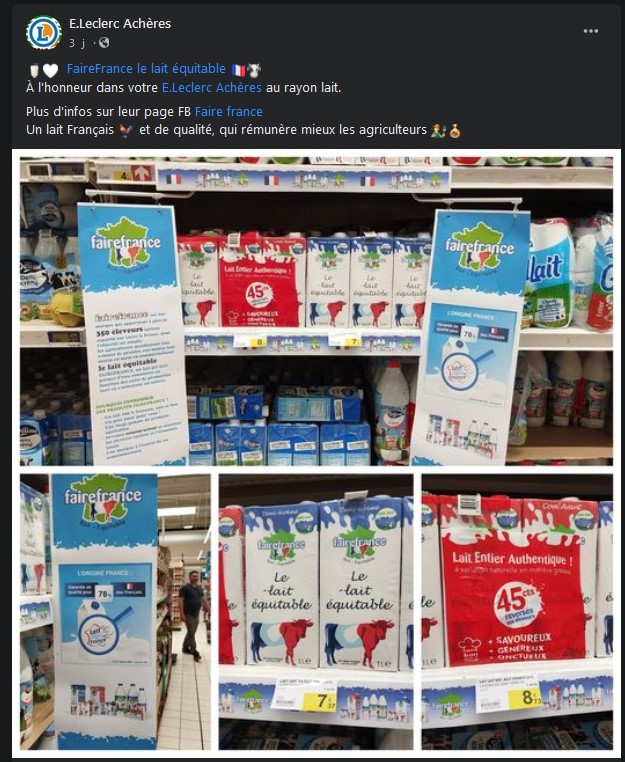 Fairefrance's tweet photo. Merci au #ELeclerc Achères pour la mise à l'honneur de notre belle marque #FaireFrance dans son rayon lait ! 🤩👏👏👇👇🥛 https://t.co/TCj6GyeuKV