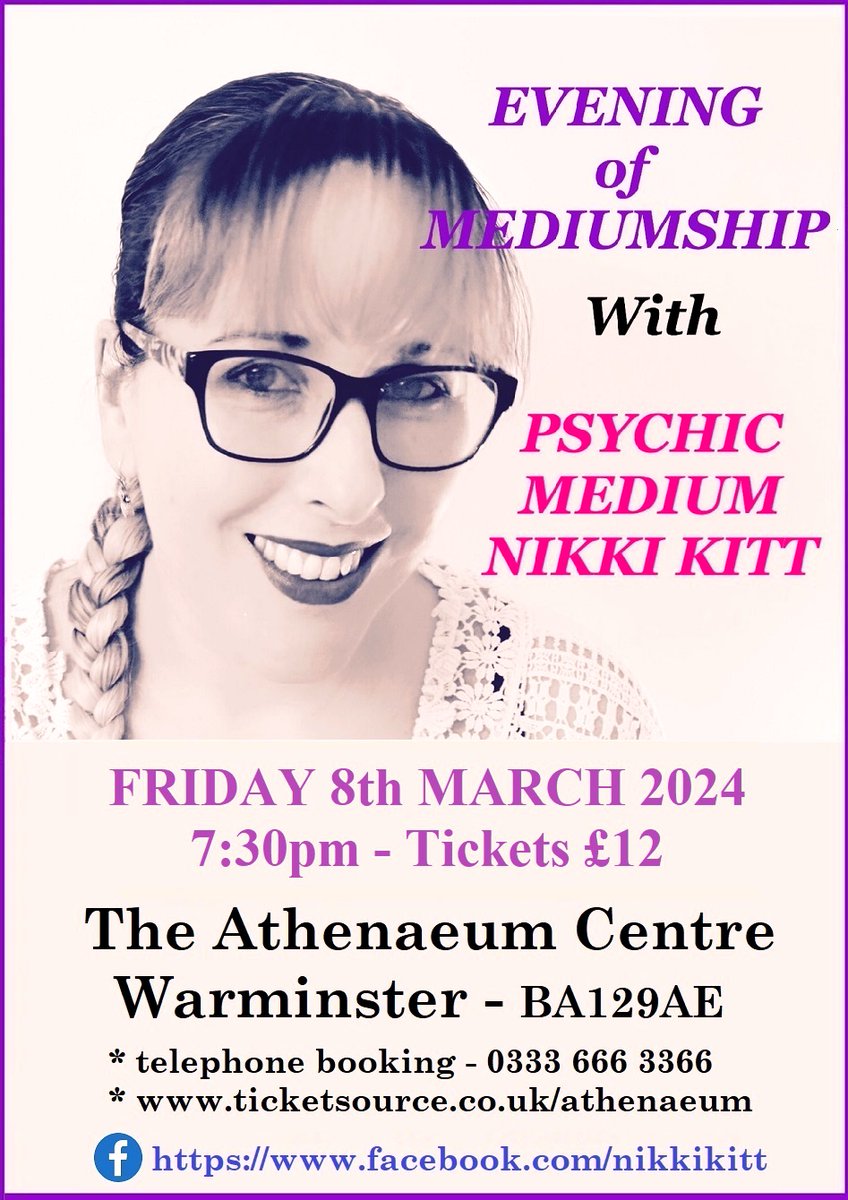 Athwarminster's tweet photo. 8 Mar 2024 - 7.30pm
An Evening of Mediumship with Nikki Kitt.
Psychic Medium Nikki Kitt is a Spiritualist Medium currently touring the UK with her successful Psychic / Mediumship Evenings.
All Tickets £12.00
https://t.co/gCglv9Mfgp
Telephone Booking – 0333 666 3366 (fees apply) https://t.co/nb2orqwzsy