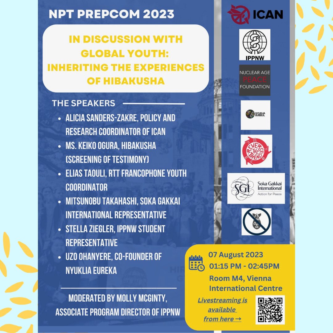 Join our hybrid side event at #NPT2023 on 7 Aug. Atomic bomb survivor Keiko Ogura's testimony will be shared, and we'll explore how youth can carry forward Hibakusha stories.

🔗📽️youtube.com/live/imzrhvhbI…

#Youth4Disarmament #TPNW #nuclearban #NPTPrepCom