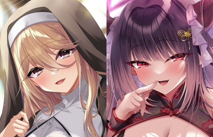 前に描いたシスターとサキュバスちゃん、どっちかまた描きたいけど悩んでる!どっちがいいかな? 