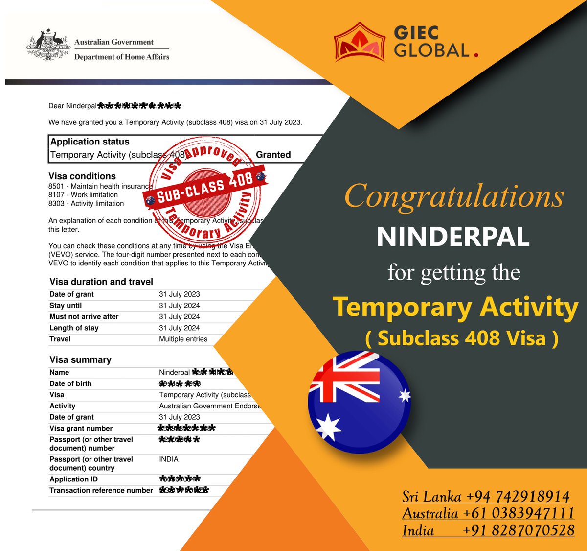 GiecGlobal's tweet image. 🎉🎉𝗖𝗹𝗶𝗲𝗻𝘁 𝗦𝘂𝗰𝗰𝗲𝘀𝘀 𝗶𝘀 𝗼𝘂𝗿 𝗦𝘂𝗰𝗰𝗲𝘀𝘀.
𝗢𝘂𝗿 𝘄𝗼𝗿𝗸 𝘀𝗽𝗲𝗮𝗸𝘀 𝗺𝗼𝗿𝗲 𝘁𝗵𝗮𝗻 𝗮𝗻𝘆𝘁𝗵𝗶𝗻𝗴. 😀😀😀.

Temporary Activity Visa Granted!!!

Or Visit our website:
giecglobal.com.au/portfolio-deta…

#giecglobal #subclass408 #workinaustralia #australiastudyvisa