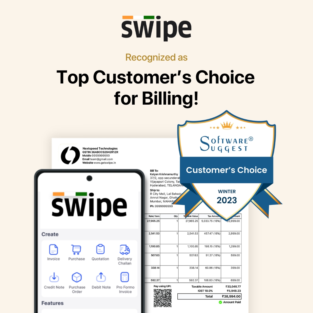 We are honored to be recognized as the top customer's choice for billing and invoicing in 2023 by @SoftwareSuggest !! ⭐🥳

Thank you, Swipe Family. We'll continue to deliver our best! 👏🏻🙏🏻

#swipebilling #softwaresuggest #customerchoice #recognition #SmallBusiness