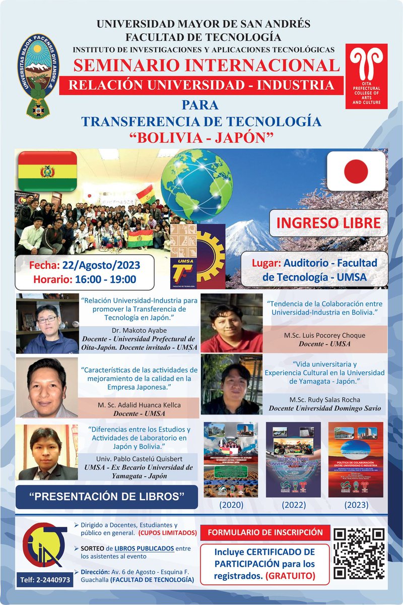 MakotoAyabe's tweet photo. Se llevará a cabo un seminario internacional en la UMSA. Sobre la colaboración entre la industria-Universidad para promover la transferencia de tecnología. Esperaremos sus participaciones. #UMSA #Factec #IIAT #Bolivia #MakotoAyabe #大分県立芸術文化短期大学 #山形大学 https://t.co/11PAyOdxn5