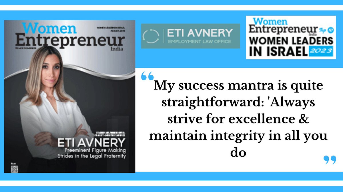 Eti Avnery Founder & Owner, Eti Avnery Law Firm has been selected by #WomenEntrepreneurIndia as one of the 'TOP 10 WOMEN LEADERS IN ISRAEL - 2023'.

Article: lnkd.in/gTJeusNi

#legalprofessions #legalfield #organizationaldynamics #advocate #leadershipabilities