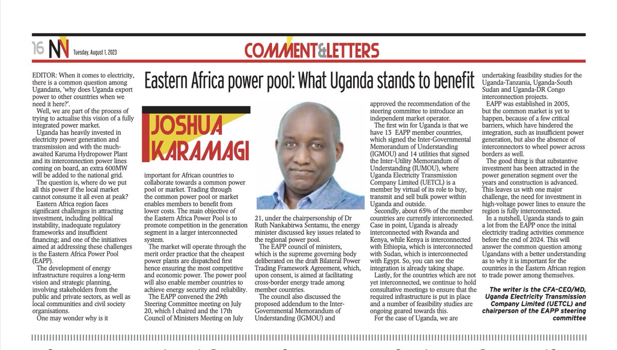 #PressReview: I shared some insights on what Uganda stands to benefit from the @EAPowerPool once it comes into operation. Full article in @newvisionwire page 16. cc @KwameEjalu @NankabirwaRS @GCICUganda @GovUganda