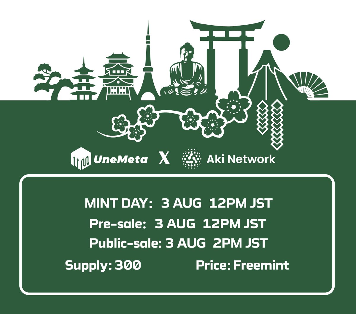 🚀 UneMeta * Aki Buddy Badge NFT 🚀 
🎁 Exclusive Benefit for UneMeta Holders! Get ready for an exciting launch! 🎉

🛍️ Pre-sale: 3 AUG 12PM JST 
🎉 Public-sale: 3 AUG 2PM JST 
📦 Supply: 300 
💸 Price: Freemint

Limited supply, FCFS! 🔥
Mint link: bit.ly/3Qj6pak
#NFT