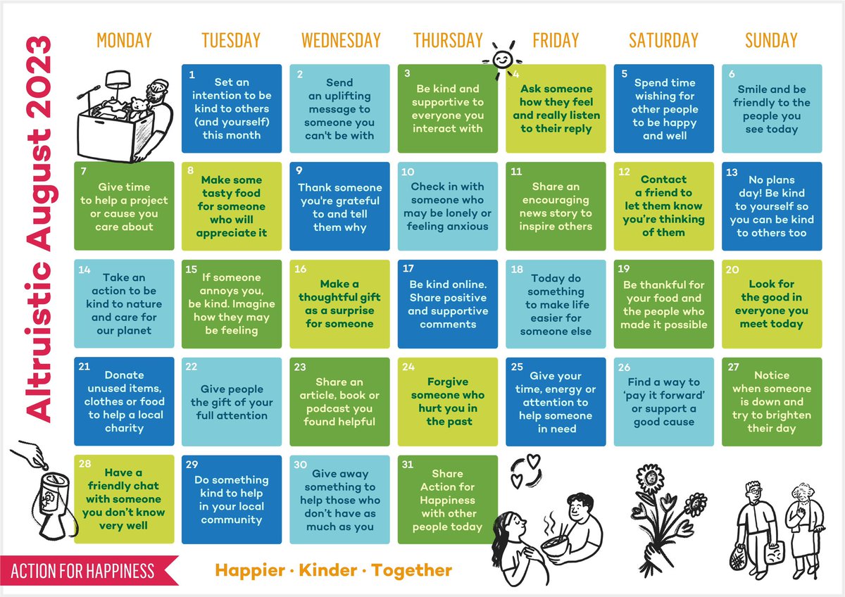 Altruistic August - Day 1: Set an intention to be kind to others (and yourself) this month actionforhappiness.org/altruistic-aug… #AltruisticAugust