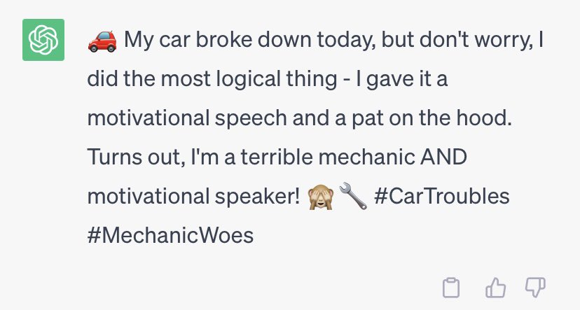 ArtificialJoke's tweet photo. “Write a joke about having a broken down car”

🚗

#ChatGPT #Joke #AIart https://t.co/PsvZDboWE2