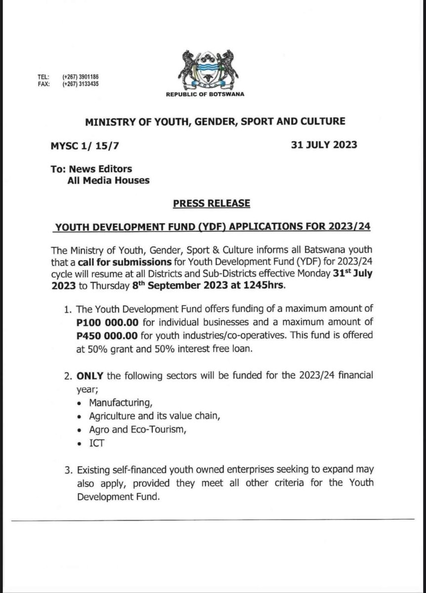 myscbw's tweet image. The Ministry of Youth, Gender, Sport &amp;amp; Culture informs all Batswana youth that a call for submissions for Youth Development Fund (YDF) for 2023/24 cycle will resume at all Districts and Sub-Districts effective Monday 31st July 2023 to Thursday 8th September 2023 at 1245hrs.