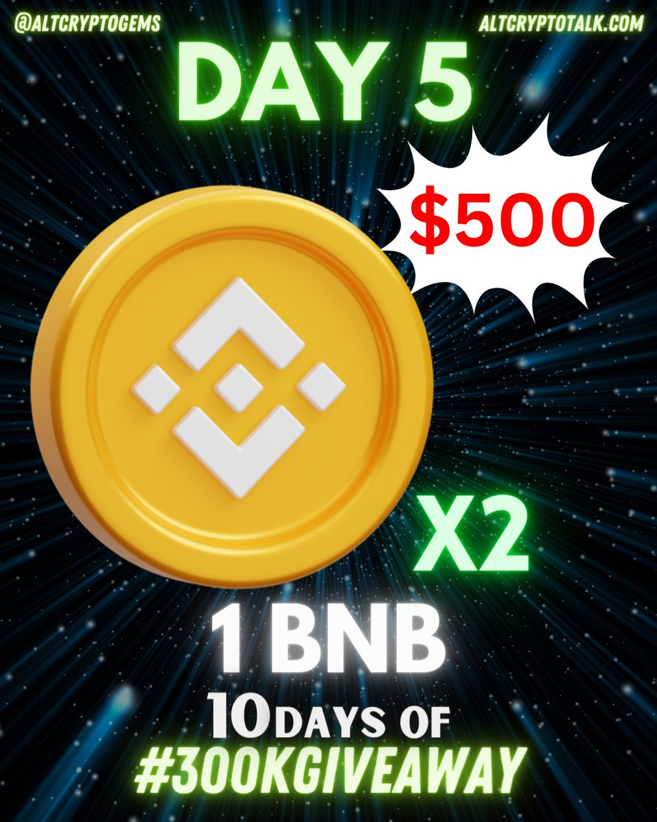 AltCryptoGems's tweet photo. Day 5 of the #300KGiveaway! 🎁

Giving away: ⭐️2 x 1 #BNB ⭐️worth $500!

Steps to join:
✔️Tag a friend, Retweet &amp; Like!
✔️Fill the Google Form (only once): https://t.co/ilxm3s7HtV
✔️Follow @AltCryptoGems &amp; @AltCryptoTalk!

Good luck! https://t.co/A3KZFV3A9x