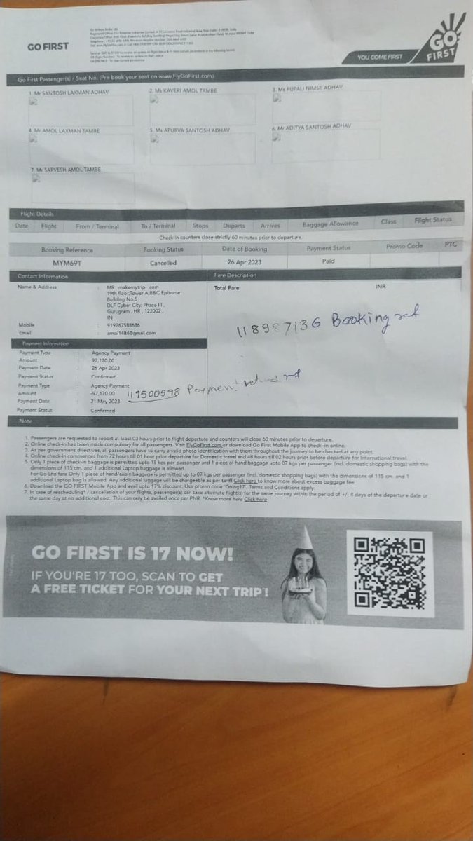 AmolTambe7's tweet photo. @makemytripcare Then what about this, as this refund sheet provided by Go Airlines where clearly mentioned that amount refunded to MMT on 21st May 2023 https://t.co/E2HTFOtClR