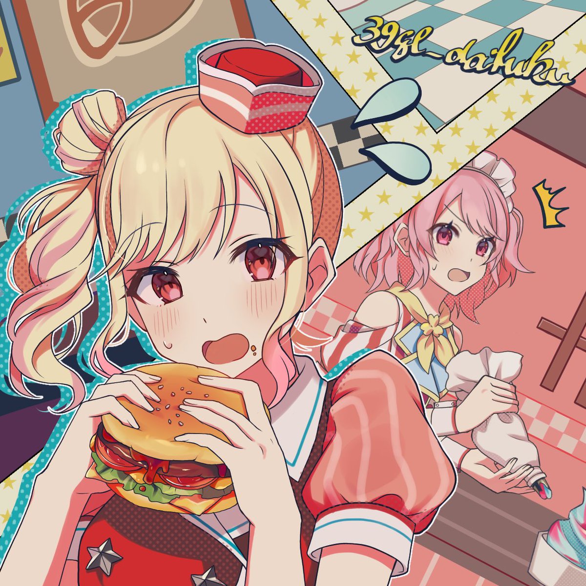 burger food multiple girls 2girls pink hair blonde hair pink eyes  illustration images