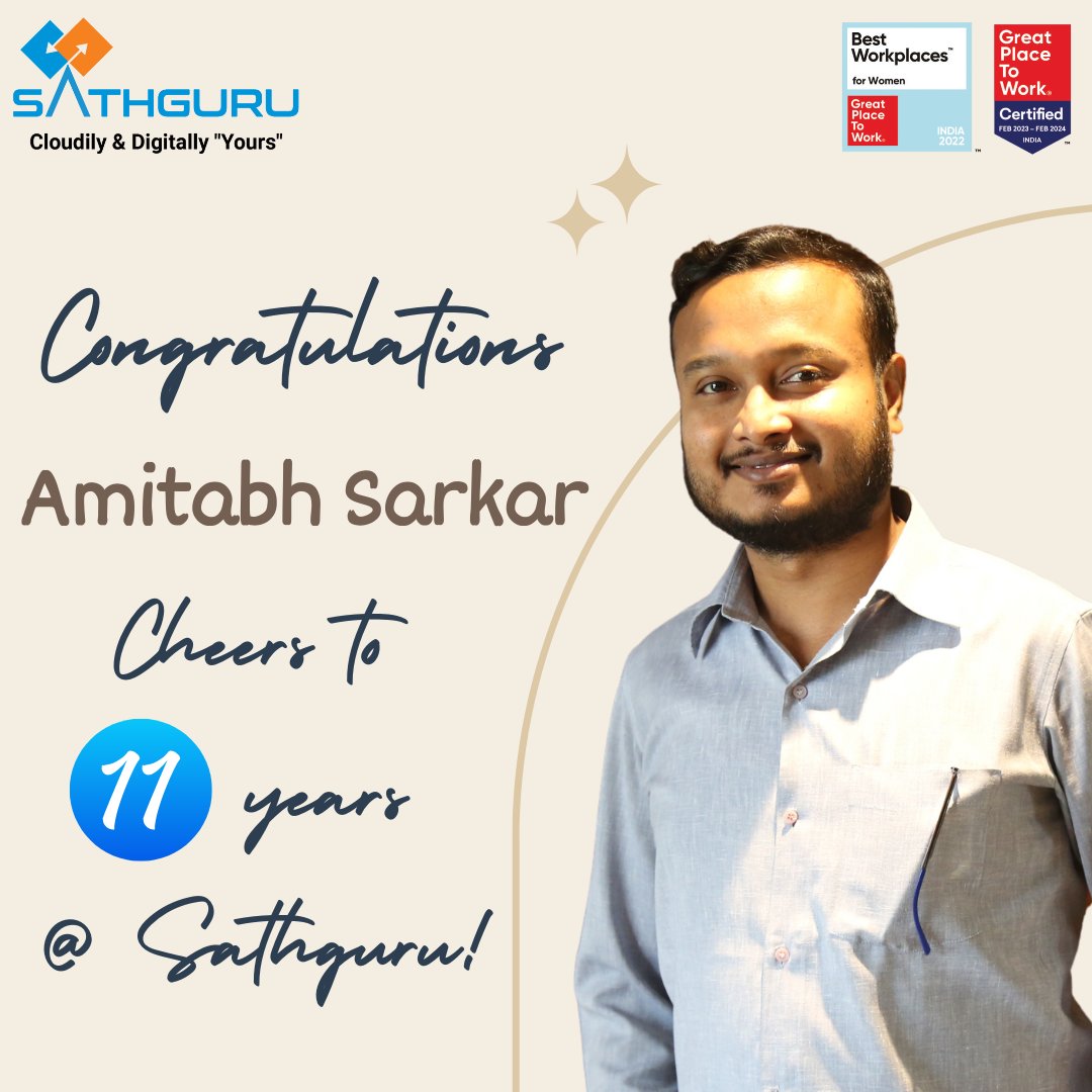 Congratulations Amitabh Sarkar! Cheers to amazing 11 years at Sathguru! 🙌💐Wishing you many more engaging and fruitful years at #sathgurusoft with ample opportunities to innovate & collaborate with various teams & clients !!

#clouderp #gptw #workanniversary #sathgurumc