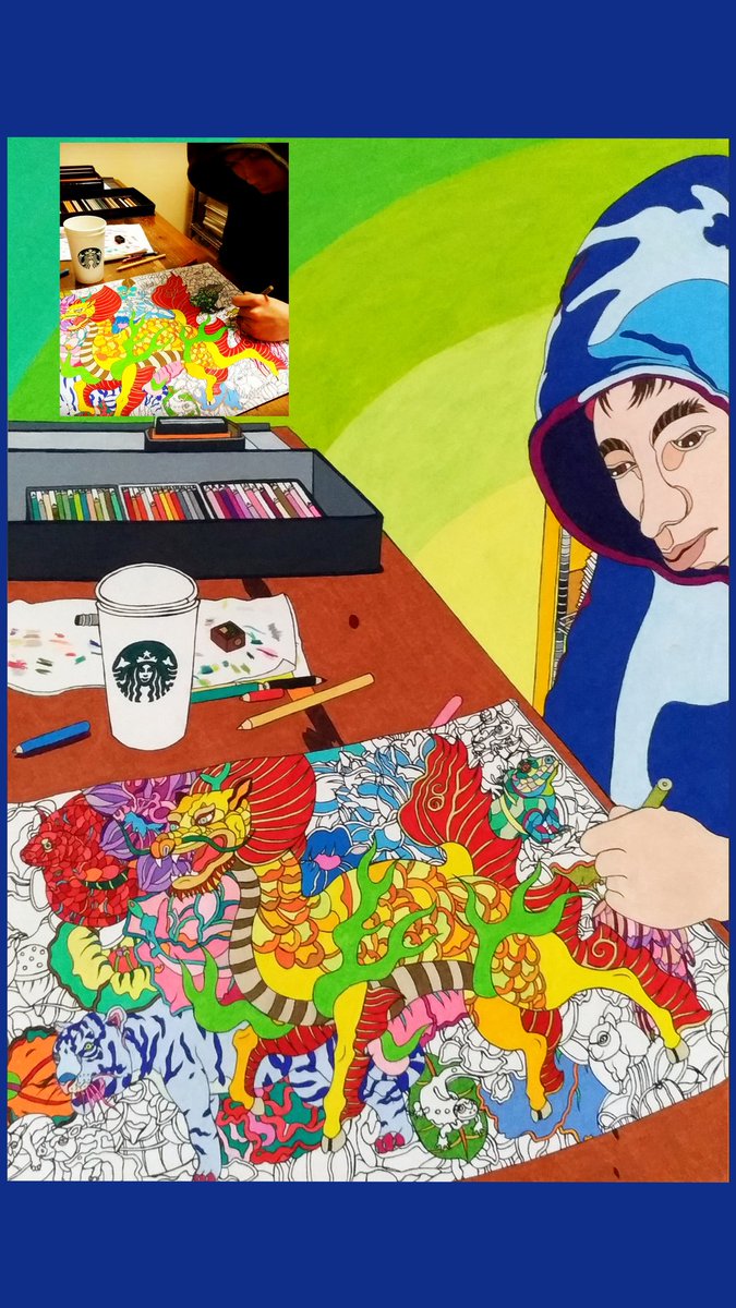 music7878's tweet photo. Ottiが高1の3学期に描いた「麒麟」。年明け早々コロナ禍が巻き起こり学校も休校に。そんな先が見えなくなり始めた頃、“Stay home”で毎日描いていました。

pic①「麒麟」(2020年)
pic②「麒麟」を描いている時の自分を描いた作品「自画像」 (「麒麟」の細密な再現部分にご注目を😅💦 ※左上は参考画像) https://t.co/xJauzyOfUy