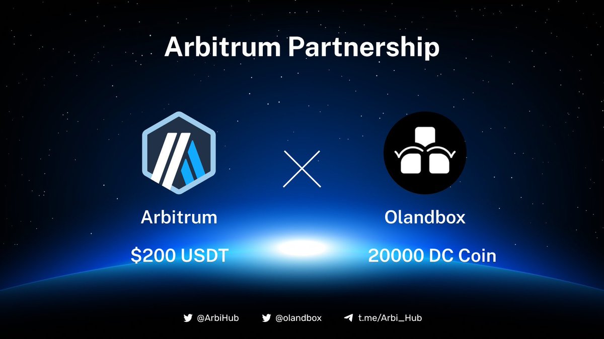 olandbox's tweet photo. Olandbox Collab Giveaway #44

#Olandbox & #ArbitrumHub
To celebrate the great partnership🔥

🎁:
         200USD from @arbitrum 💸
         20000 DC coins from @olandbox 🪙

📢Join Campaign: https://t.co/rRQtuYYA6L @Giveaway_HQ 

❤️&RT & Tag
 🔥follow @xdylxdyl & @olandbox & @arbitrum 
🌟 Come and join us!