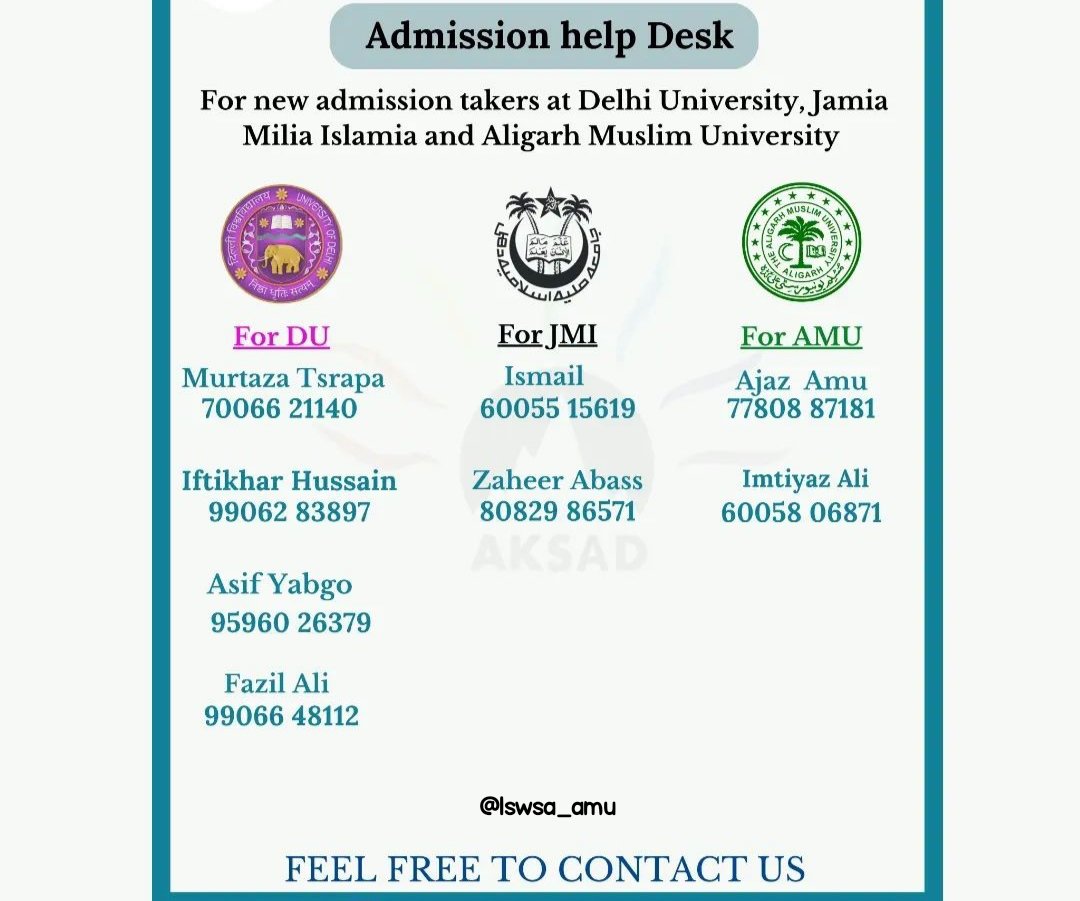 LSWSA_amu's tweet photo. Admission help desk for admission takers (Ladakhis) to #AMU , #DU , &amp; #JMI 2023-24
Feel free to contact us.
@LSWSA_amu 
#lswsa_amu
#lswsa_amu4u https://t.co/TwbyvAQZLo
