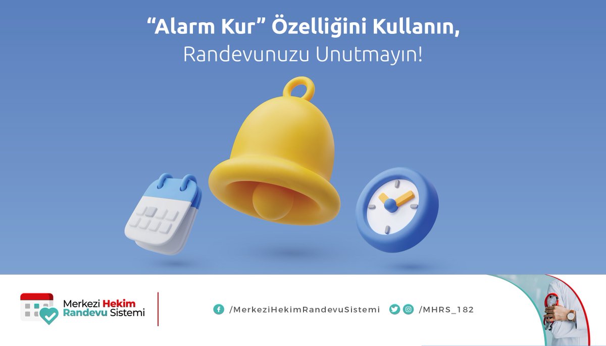 MHRS Mobilde bulunan “Alarm Kur” özelliği, aldığınız randevu için size hatırlatma gönderilmesini sağlar. Oluşturmuş olduğunuz randevu bilgilerinin bulunduğu ekrandaki alarm ikonuna tıklayarak bu özelliği kolayca kullanabilirsiniz.