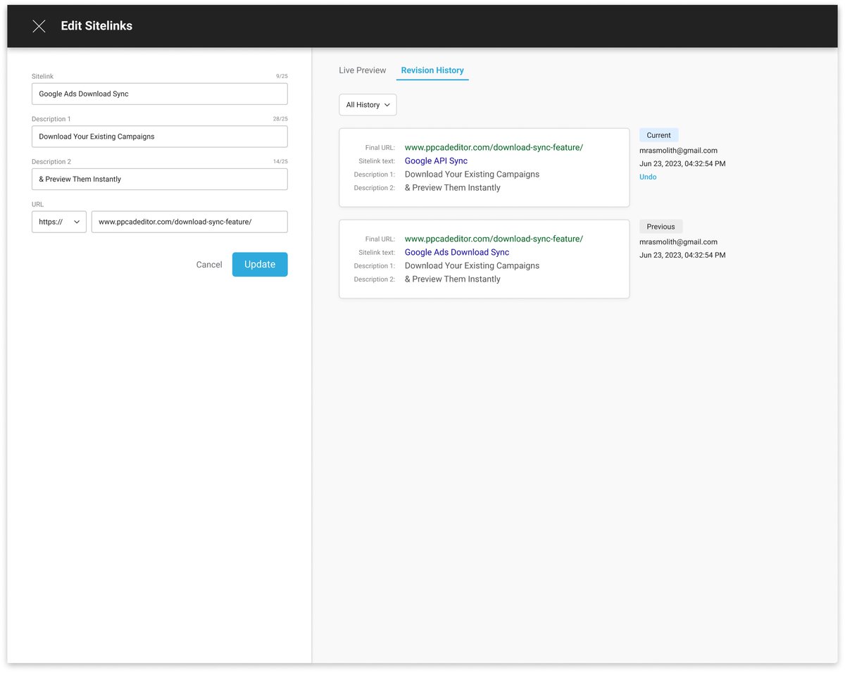 ppcadeditor's tweet photo. Change history view coming soon to @ppcadeditor 

Check out the prototype designs #ppcchat #ppctools #googleads https://t.co/a3oJQaPuzA